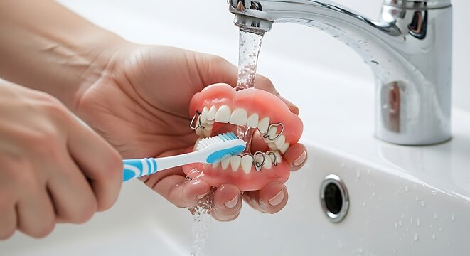 Close up of hand cleaning denture with toothbrush under running water in sink, maintaining oral hygiene and dental care