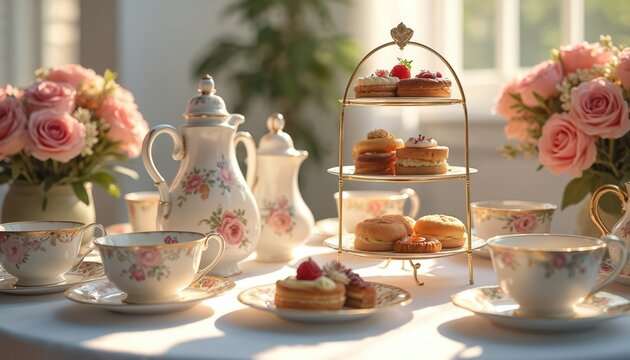 Elegant high tea party setting with floral decor and delicate pastries. Cups teapots and tiered stand hold sweet treats and cakes. Pink roses adorn table setting for celebration.