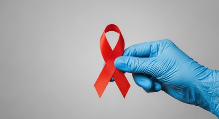 A medical professional's gloved hand holds a red ribbon for HIV/AIDS awareness, with copy space.
