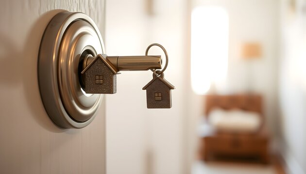 House-shaped keychains with one in a door handle and another flying towards it, symbolizing a new home.