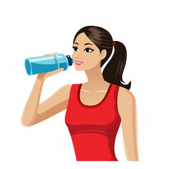 Illustration of a young woman with a ponytail wearing a red tank top, happily drinking water from a blue bottle, promoting hydration and a healthy lifestyle.