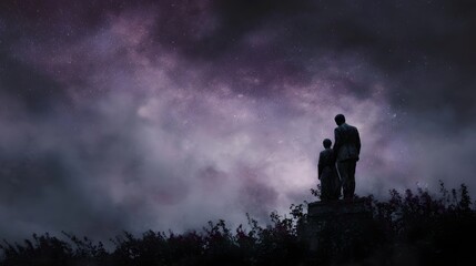 Fototapeta premium Two silhouetted figures stand atop a hill under a dramatic purple starry sky filled with swirling clouds