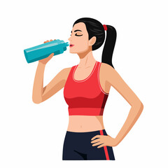 A fit woman in a red sports bra and dark leggings drinking water from a blue bottle after a workout.
