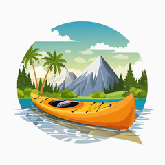 Orange kayak on a serene lake with majestic mountains, lush trees, and clear skies in a vibrant illustration.