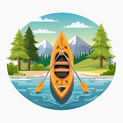 Vibrant illustration of a yellow canoe with paddles on a serene lake, surrounded by majestic mountains, lush pine trees, and a clear blue sky, depicting a peaceful outdoor adventure.