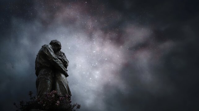 A bronze sculpture of a loving couple embracing under a dramatic star filled night sky - Powered by Adobe