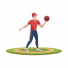 A male baseball player in a red cap and uniform holds a ball on a green field, ready to throw.