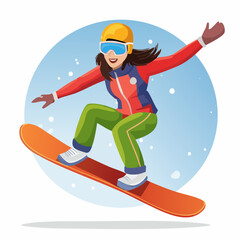 Cartoon illustration of a happy woman snowboarding down a snowy slope, wearing winter sports gear and a helmet.