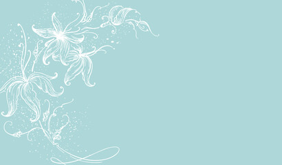 Elegant Floral Corner Design on Blue Background — Hand-Drawn White Lily Line Art, Decorative Frame Template