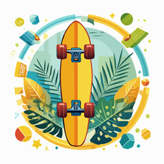 Vibrant illustration of a yellow skateboard with red wheels amidst tropical leaves and abstract geometric shapes, set against a city skyline.