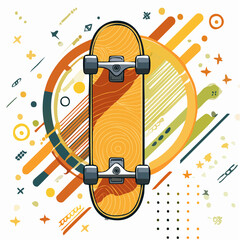 Vibrant graphic illustration of a skateboard with abstract geometric shapes and colorful lines on a white background.
