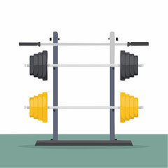 Illustration of a weight rack holding two barbells with black and yellow weight plates, ready for strength training in a gym.