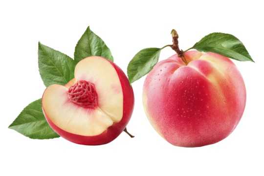 Fresh peach pair; sliced half & whole with leaves