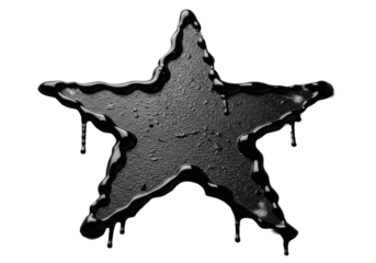 Ultra-macro, low-angle shot of a bold, black spray-painted star with viscous drips & granular texture on a transparent background, dramatic lighting, concept of raw artistic expression