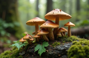 Cluster of small, large brown mushrooms grows on dark mossy tree stump in rich green forest. Green fern leaves surround wild fungi in natural woodland habitat. Close up scene beautifully shows eco