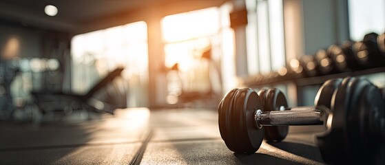 A close-up of a dumbbell on the floor of a gym, with blurred equipment and sunlight in the background