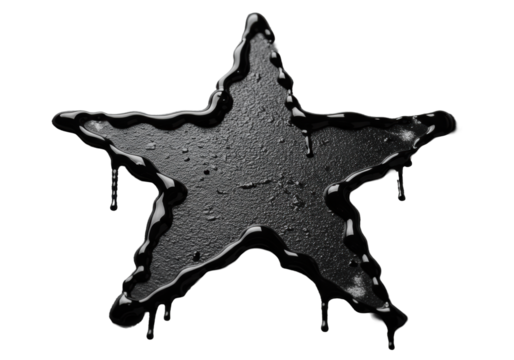 Ultra-macro, low-angle shot of a bold, black spray-painted star with viscous drips & granular texture on a transparent background, dramatic lighting, concept of raw artistic expression