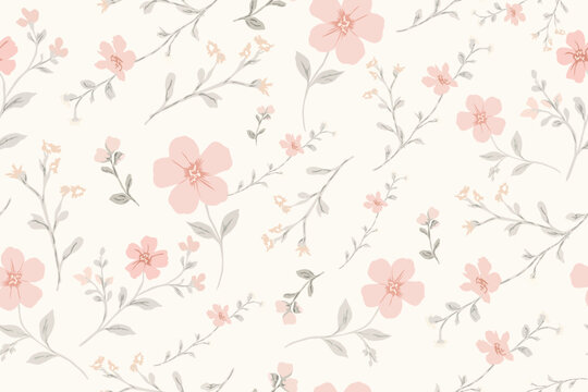 Delicate pastel pink floral seamless pattern with soft gray leaves on a cream background. Perfect for fabric, wallpaper, and elegant feminine designs.