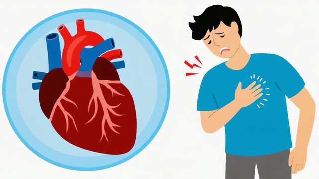 Man Suffering from Chest Pain with Anatomical Heart Diagram. Illustration for Heart Attack Symptoms and Cardiovascular Disease Awareness.