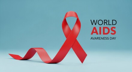 World AIDS Awareness Day 3D render, featuring a flowing red ribbon and text on a blue background.