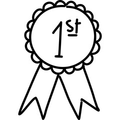 Simple Outline Drawing of a First Place Ribbon Medal with Scalloped Edges and Two Hanging Ribbons Against a Transparent Background
