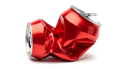 Crushed red aluminum can isolated on white background