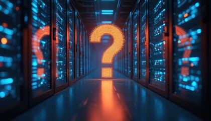 Futuristic data center with glowing question mark symbol in center. Server racks and digital information displays create technological environment. Image reflects innovation and problem-solving.