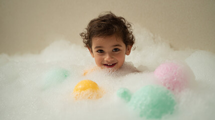 cheerful child bursts with laughter in bubbly bath filled with playful foam creating joyful atmosphere