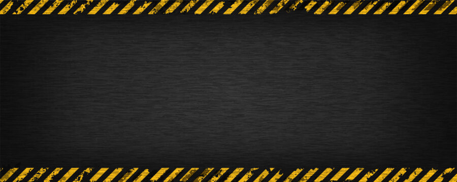 Industrial warning background with yellow and black stripes. Grunge caution tape frame on dark metal texture. Vector illustration.