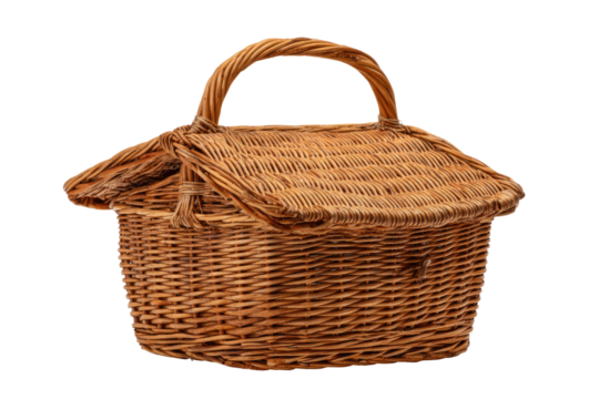 Woven brown picnic basket with a hinged lid and handle