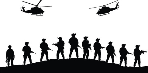 Military silhouette scene, armed soldiers on terrain, tactical gear, flying helicopters, combat formation, black vector illustration, defense, war, battlefield, army © Aiub