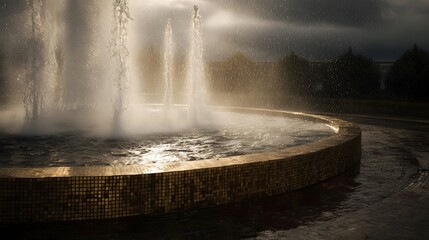 Golden sunlight illuminates a misty fountain with golden mosaic tiles under a cloudy sky