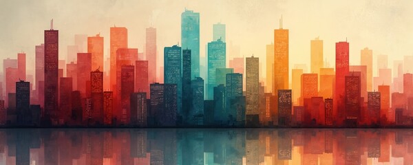 Abstract city skyline features many colorful skyscrapers reflected in water. Modern urban landscape shows diverse architecture, vibrant metro life. Illustration unique paint texture background for