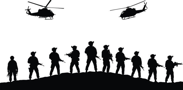 Military silhouette scene, armed soldiers on terrain, tactical gear, flying helicopters, combat formation, black vector illustration, defense, war, battlefield, army - Powered by Adobe