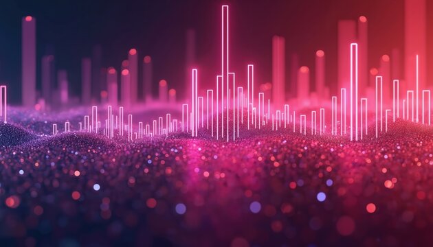 Digital sound equalizer with linear wave-like pattern. Glowing pink, red bars. Futuristic background with bokeh effect. Neon light. Modern technology. Abstract digital landscape. Computer-generated