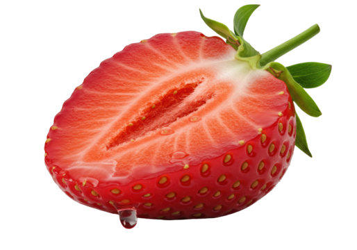 A hyper-detailed macro shot of a vibrant red strawberry cut in half, showing crimson flesh, golden seeds, and oozing juice on a transparent backdrop, concept of natural precision.