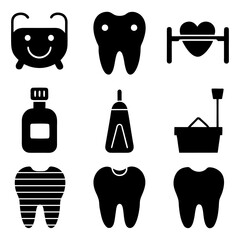 Oral Health and Hygiene Icons — Tooth, Floss, Smile, Dentist Chair.