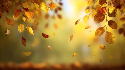 An autumn forest background with maple leaves fallen on the ground, featuring a blurred fall landscape, with blank space and banner templates for autumn or fresh weather concepts.