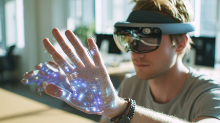 Futuristic augmented reality interface visualized on hand using advanced smart glasses