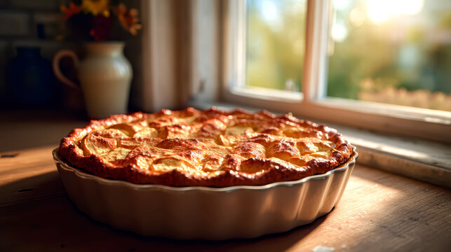 Freshly baked apple pie in ceramic dish on wooden table with sunlight from window