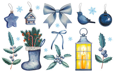 Hand drawn Christmas set with blue ornaments, bows, berries, decorations, sock, lantern. Watercolor illustration.