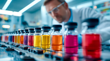 Scientist in laboratory analyzing colorful chemical samples in vials aligned on worktable