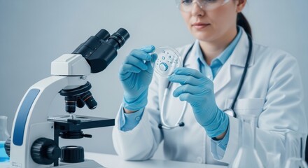 A female scientist in a lab coat and safety goggles holds a petri dish, working with a microscope in a modern laboratory.