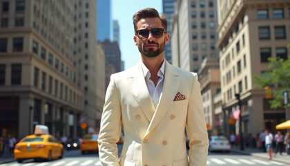 Man in stylish light suit stands on busy New York street. Yellow cabs and pedestrians pass by tall city buildings. He exudes urban confidence and modern business style in daylight.