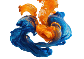 Swirling blue and orange paint abstract on black background