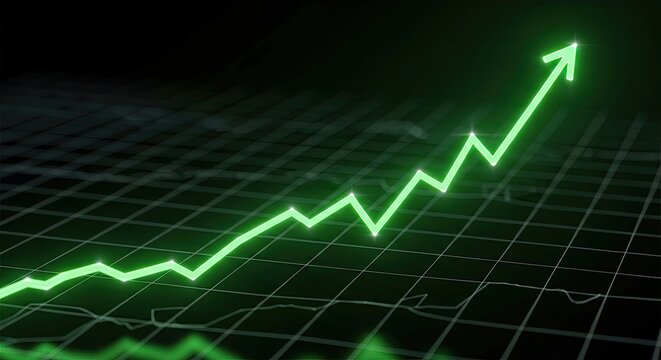 A vibrant green line graph ascends diagonally against a dark backdrop, symbolizing growth, progress, and positive trends in business and finance sectors