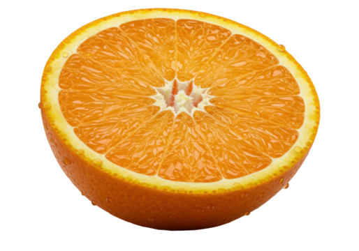 Perfectly ripe, vibrant orange cut in half, succulent pulp, citrus oil beads, isolated on transparent background, studio lighting. Concept for premium food advertising