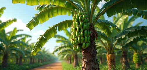Obraz premium Banana tree with bunch of green unripe fruit at sunny plantation. Rows of palms grow in tropical farm landscape. Agricultural business cultivates organic food crops. Rural farmland shows raw