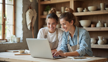 Two smiling women in aprons work together on laptop in pottery studio. Ceramic store owners plan online sales and business growth. They review orders and check inventory.