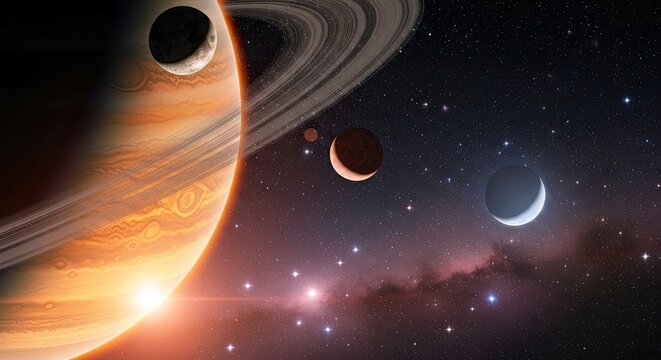 An artistic rendering showcases a mesmerizing cosmic scene, featuring a gas giant planet adorned with prominent rings and several moons against a backdrop of stars